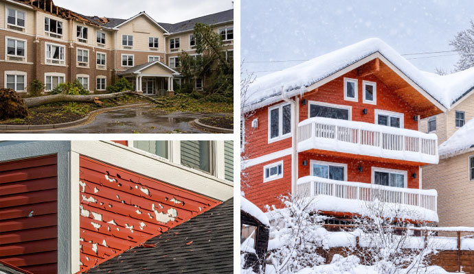 Collage of wind storm tree damage, snow on residential building, and hail damaged siding