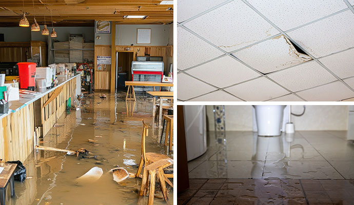 Collage of flood damaged property, damaged roof and water damaged bathroom floor