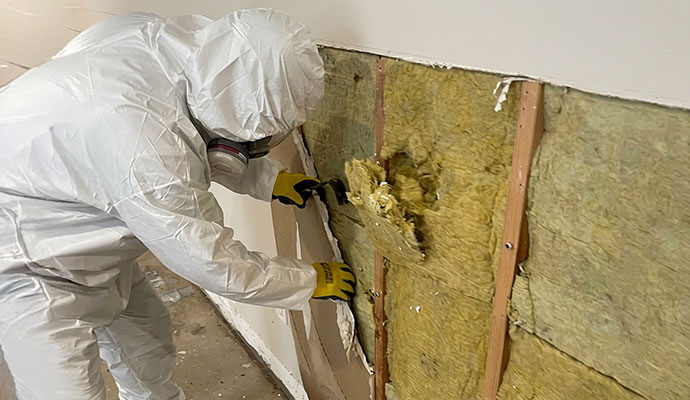 Technician in protective suit removing damaged wall insulation after fire damage
