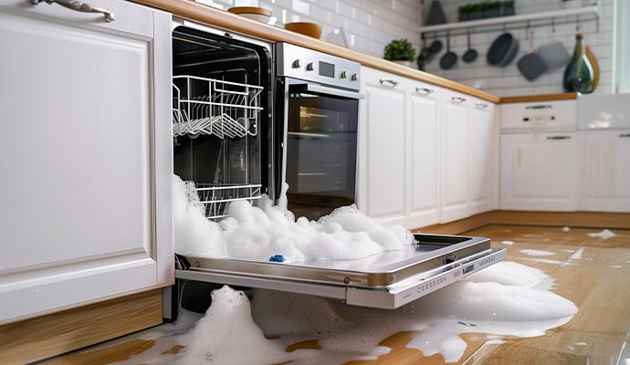 Water damaged kitchen floor due to dishwasher overflow