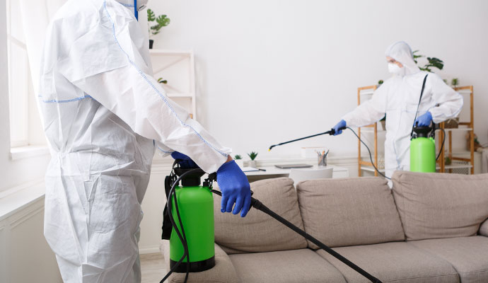 Professionals with hazmat suits disinfecting room