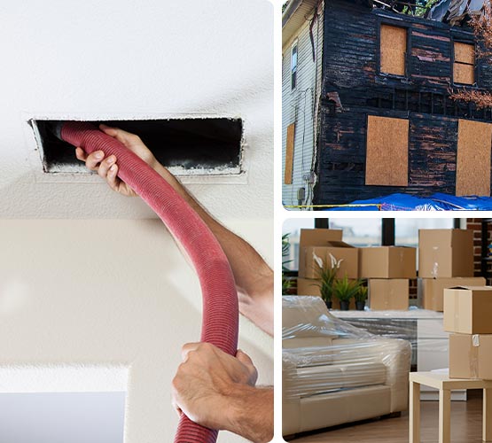 Collage of duct system cleaning, boarded up house and content pack-out service