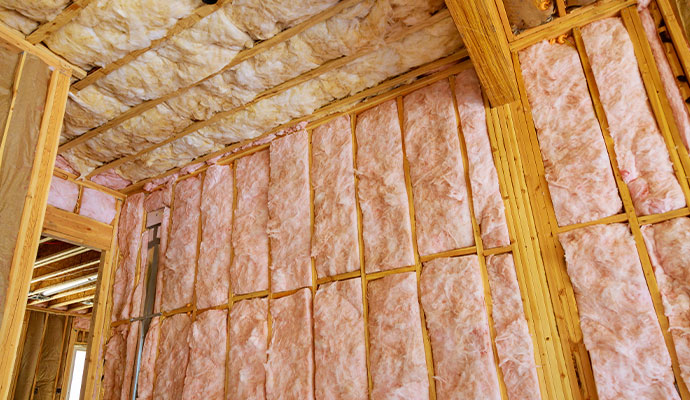 Fiberglass insulation in wall and ceiling framing