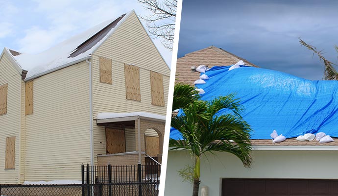 Collage of board-up and tarping service Collage of board-up and tarping service