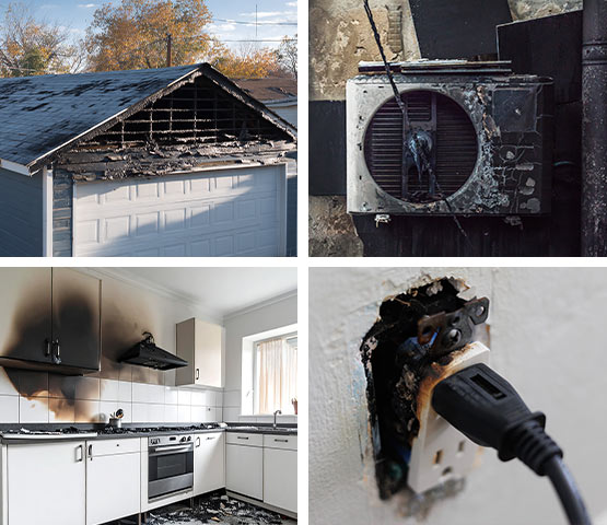 Collage of fire damaged home, ac uni, kitchen and electrical outlet.