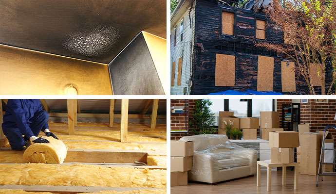 Collage of smoke damage, fire restoration, board-up services and contents pack-out.