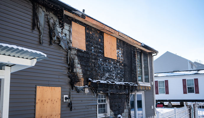 Fire damaged house exterior with charred siding