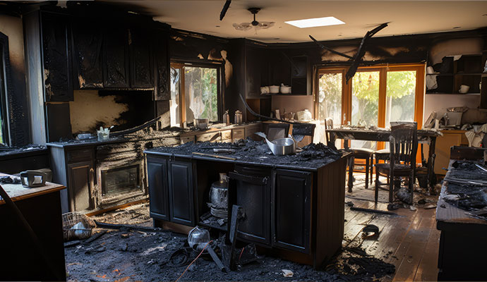 Fire damaged home interior with charred kitchen cabinets and smoke soot residue