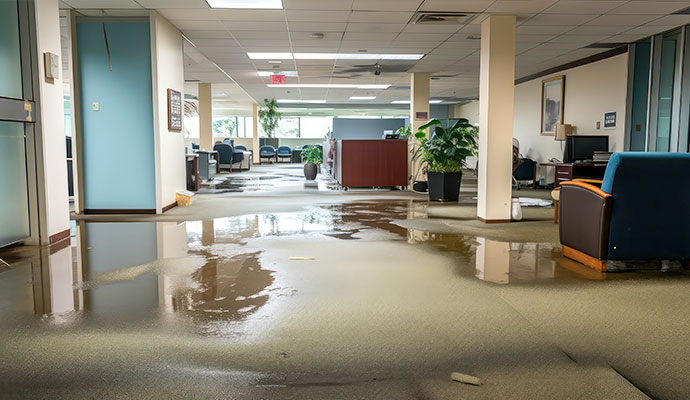 Flooded commercial office interior with standing water on carpet flooring