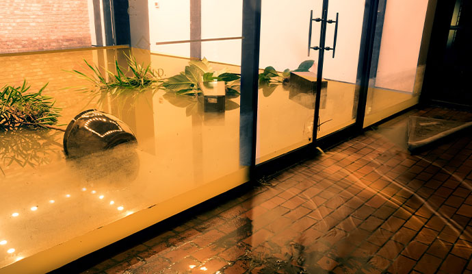 Flooded commercial storefront interior