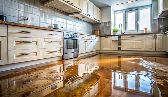 Flooded kitchen floor water damage