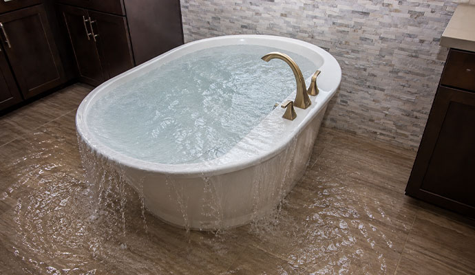 Freestanding bathtub overflowing onto bathroom floor