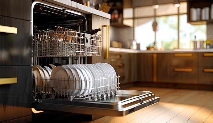 Modern dishwasher loaded with clean dishes