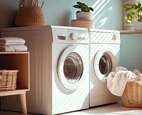 Modern laundry room with clean washer and dryer units baskets folded towels and organized interior space