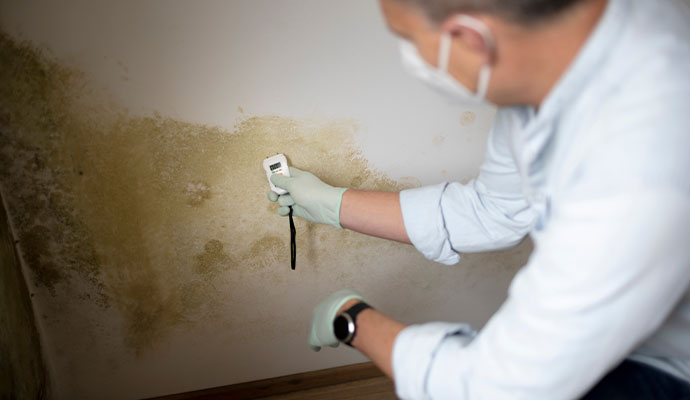 Expert inspecting mold damaged wall