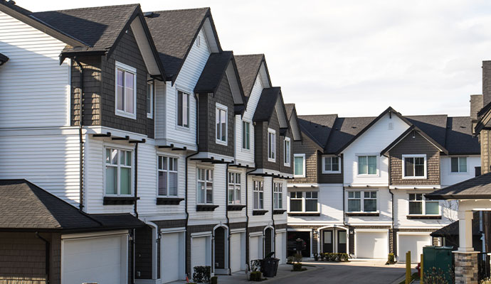 Modern multi-family townhouse residential community with attached townhomes