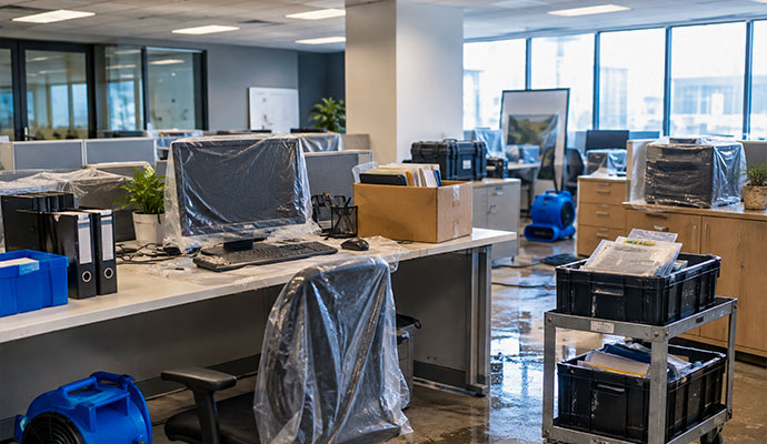 Office equipment and business documents wrapped and packed for contents restoration