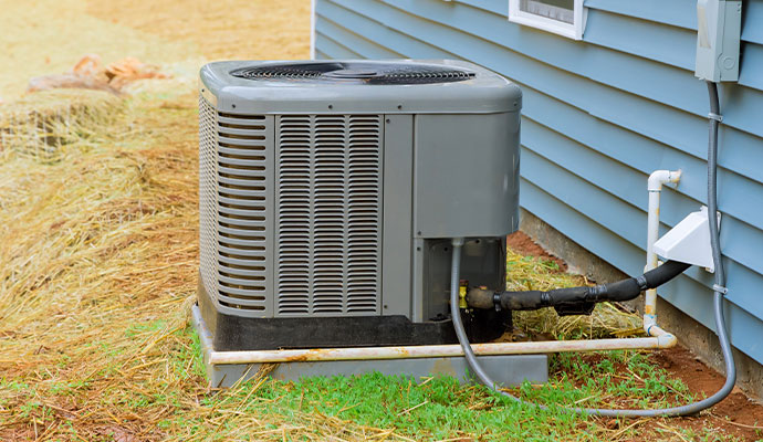 Outdoor AC condenser unit on residential siding