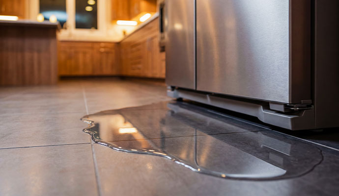 Refrigerator leak water puddle on kitchen floor