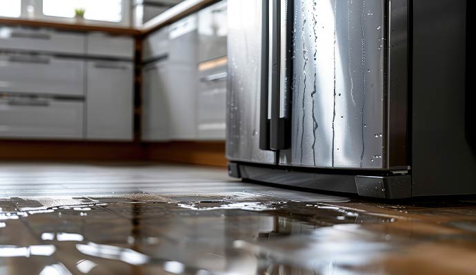 Refrigerator water leak causing standing water on kitchen floor
