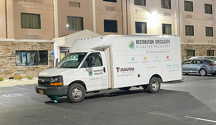 Restoration Specialists disaster recovery service truck parked outside a home