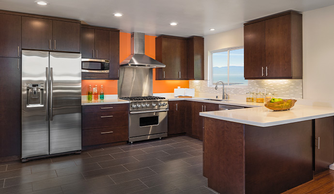 Modern fully restored residential kitchen after fire damage restoration
