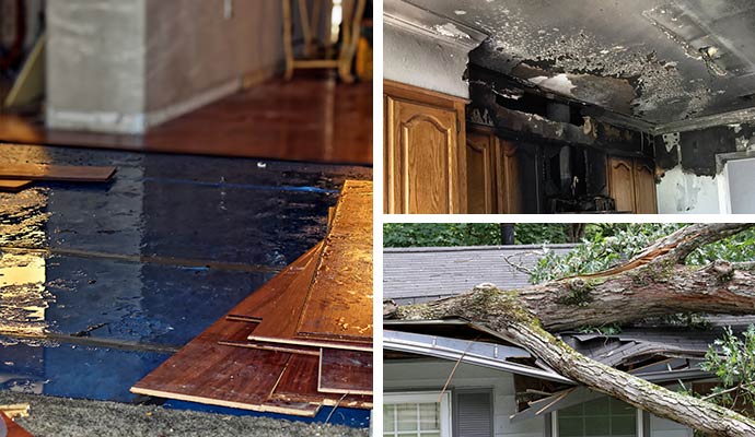 Collage of home disaster damage