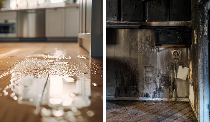 Collage of kitchen water and fire damage