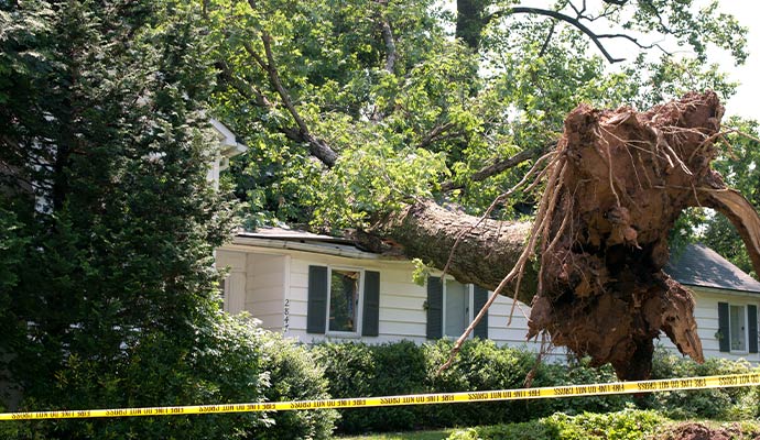 Fallen tree on house storm damage
