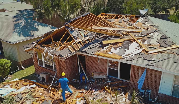 Severe storm damage house roof