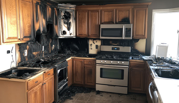 Severe fire damaged kitchen