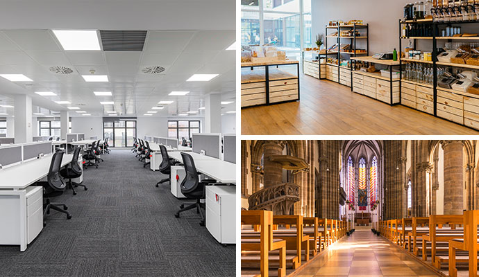 Collage of office, retail store and church