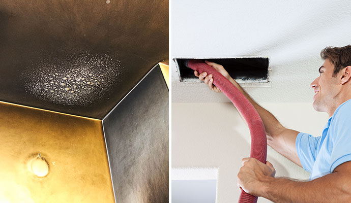 Collage of soot damaged wall and a person removing smoke from duct