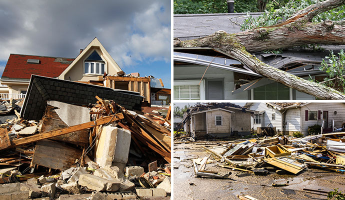 Collage of storm, wind and hurricane damaged properties