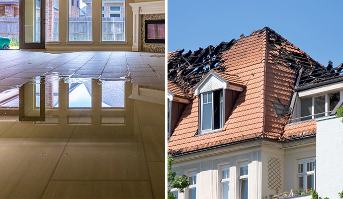 Collage of water damaged floor and fire damaged house roof