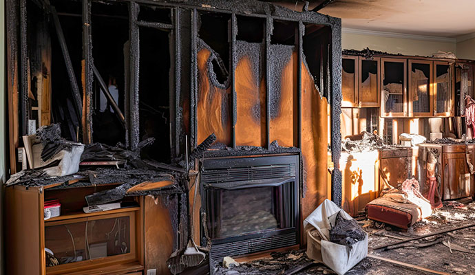 Charred wall framing and structural fire damage inside a home