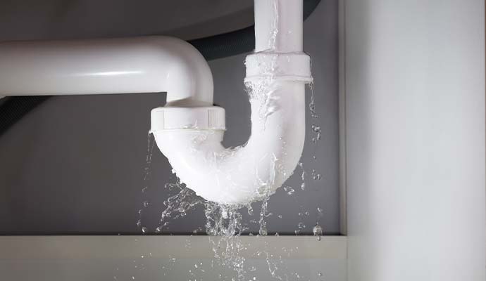 White plastic plumbing P-trap pipe leaking water under sink
