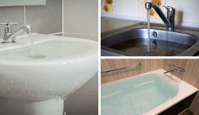 Collage of bathroom sink, kitchen sink and tub overflows.
