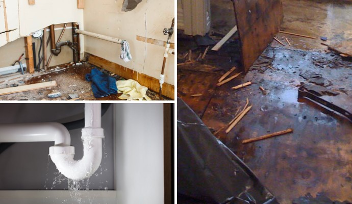 Collage of broken water line, leaking pipe and water damaged floor