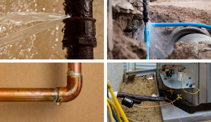 Collage of burst pipe, pipe leak, main water line break, and HVAC discharge line damage cleanup