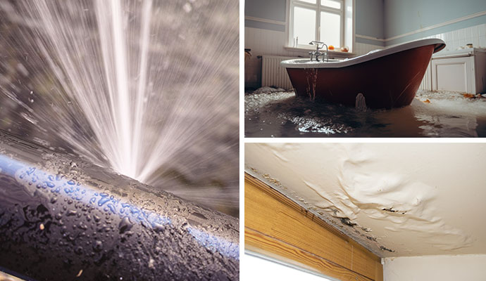 Collage of burst water pipe, overflowing tub and water damaged ceiling