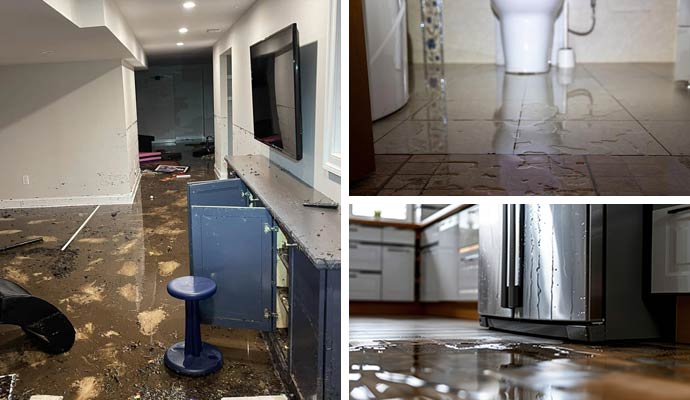 Collage of flood damage, plumbing leak and appliance leak 