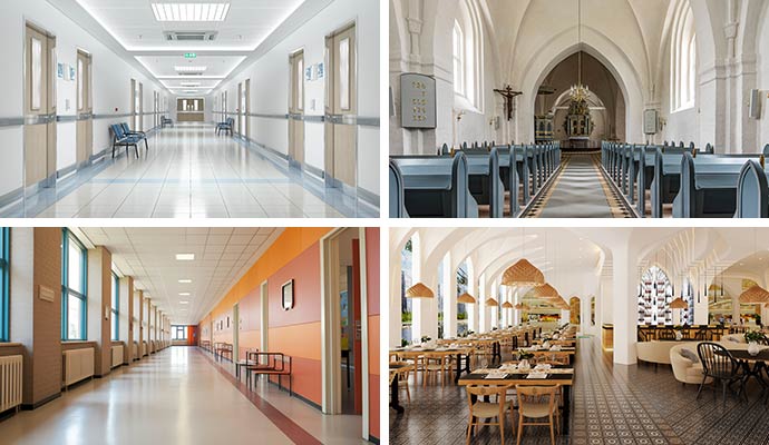 Collage of hospital, church, school facility maintenance