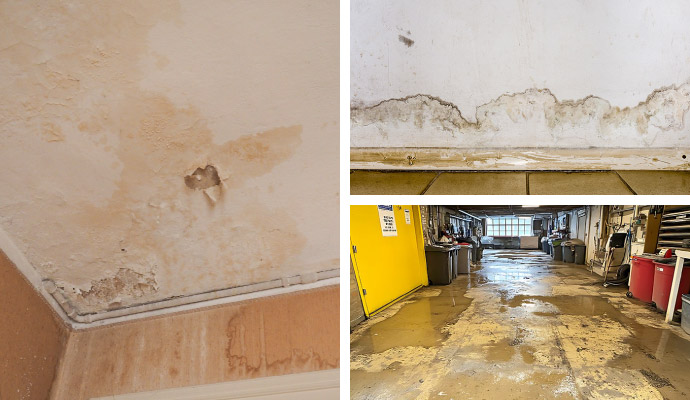 Collage of water damaged ceiling, drywall, and garage floor