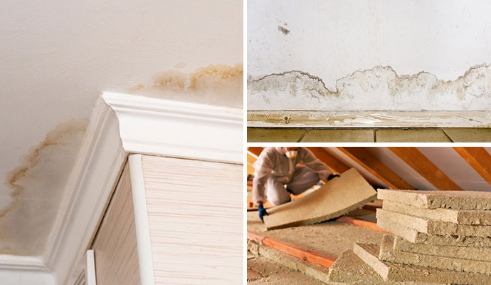 Collage of water stains on ceiling, wall and a person installing insulation in attic