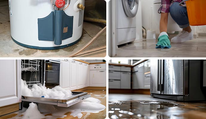 Water pooling around the base of a water heater, a person cleaning up a flooded floor near a washing machine, a dishwasher overflowing with suds, and a leak coming from under a refrigerator