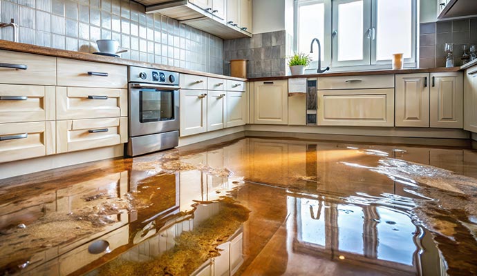 Water damaged kitchen floor due to dishwasher overflow