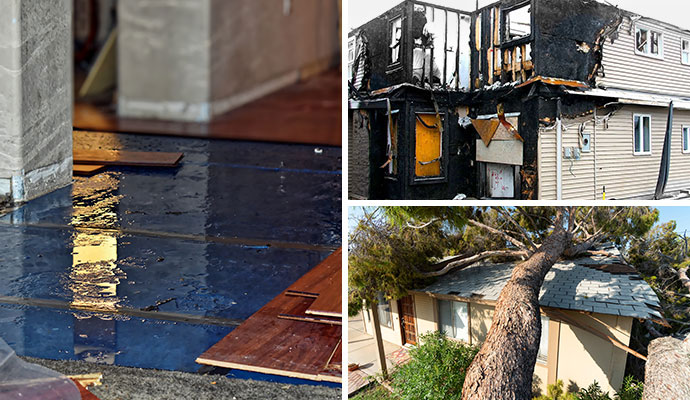 Water fire and storm damage collage