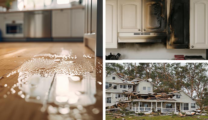 Collage of water damage, fire damaged kitchen and storm damaged home requiring restoration services