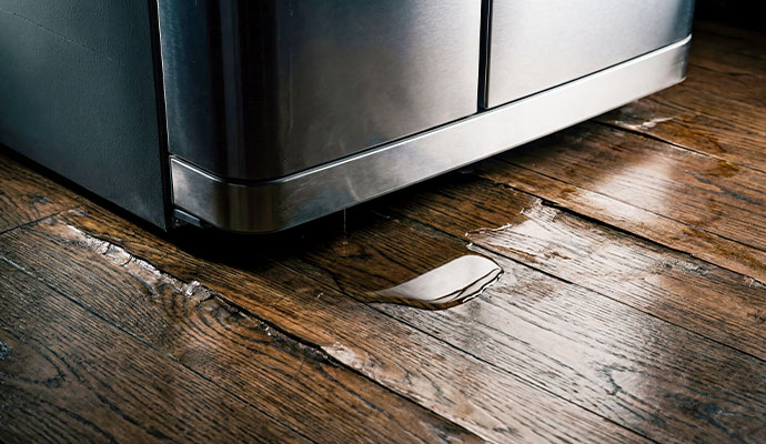 Water pooling under stainless steel refrigerator